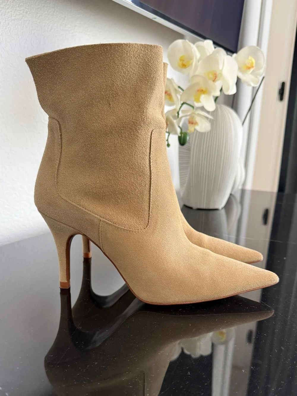 Zara Beige Suede Pointed-Toe Ankle Booties